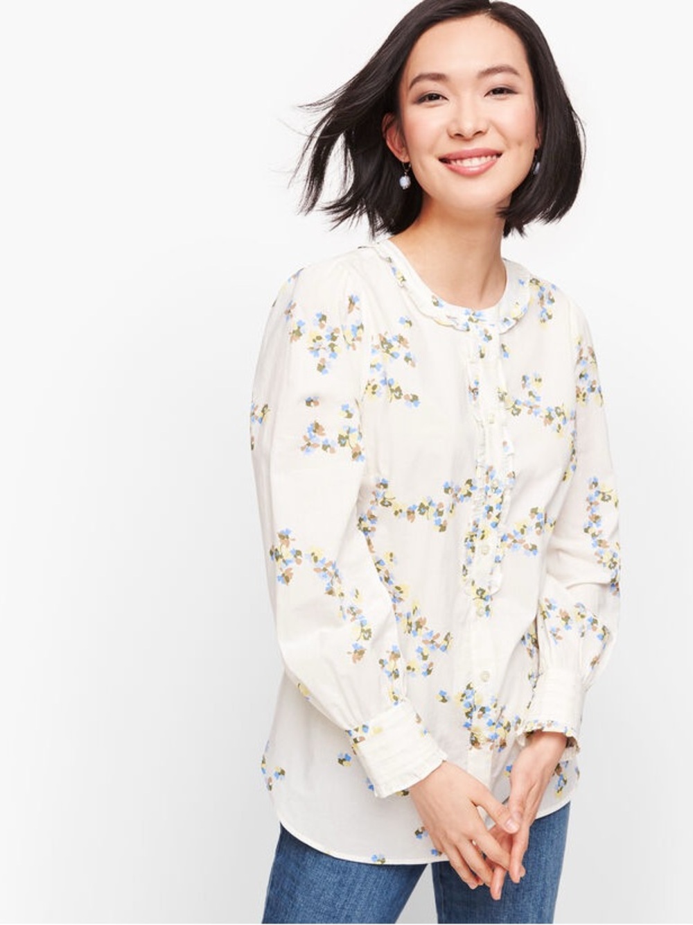 Talbots floral pleated ruffle trim blouse